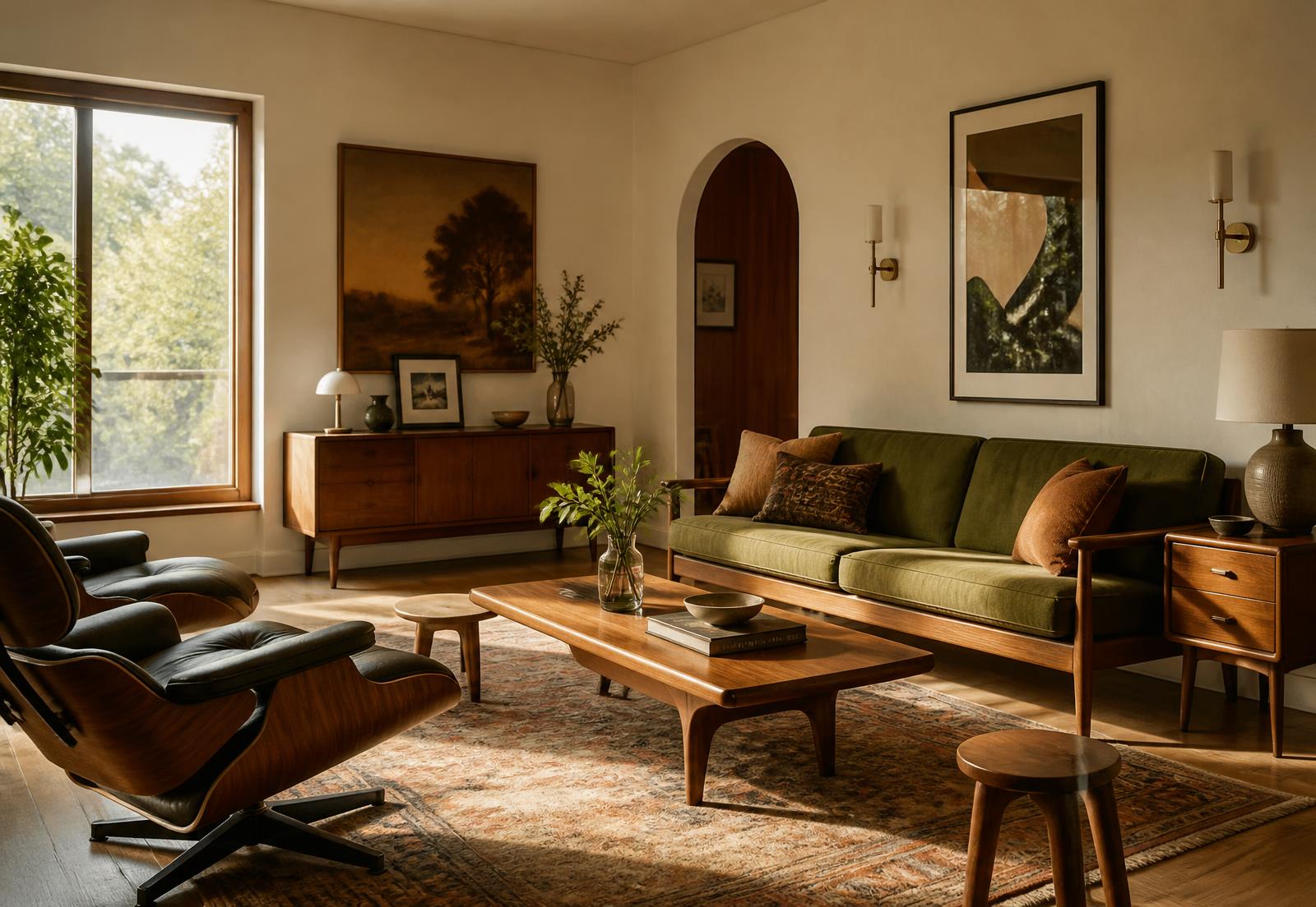 Sunlit mid-century modern living room with walnut furniture and an olive sofa